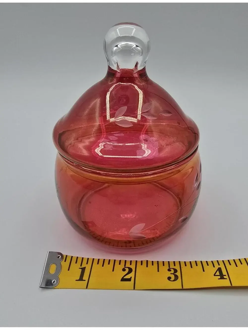 Vintage Cranberry Pink Art Glass Covered Trinket Jar Etched Floral Candy Dish